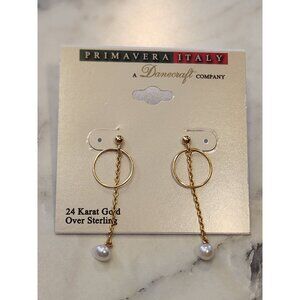 Primavera Italy 24K Gold Over Sterling Dangle Earrings Chain & Faux Pearl Drop